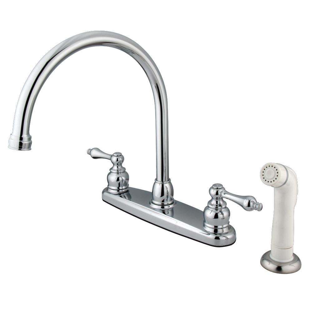 Kingston Chrome Double Handle Goose Neck Kitchen Faucet w White Sprayer KB721AL