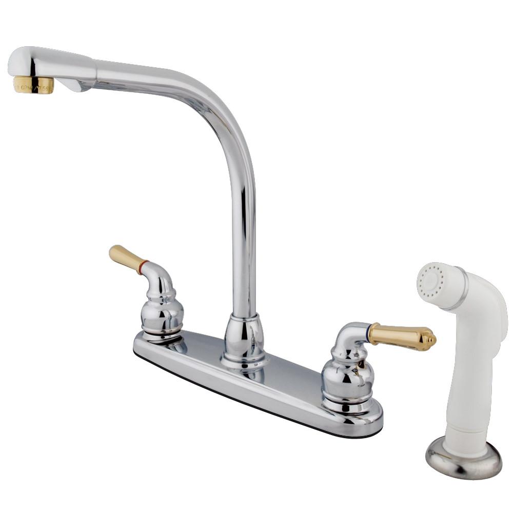 Kingston Chrome / Polished Brass 8" High Arch Kitchen Faucet With Sprayer KB754