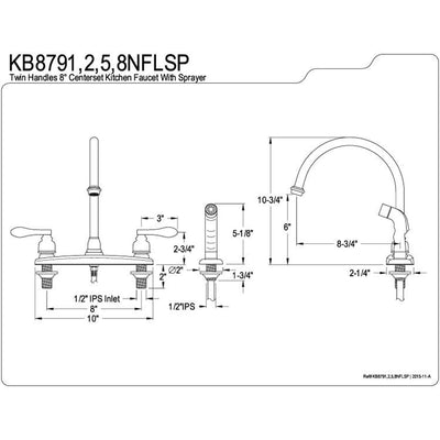 Kingston Chrome 2 Handle 8" Centerset Kitchen Faucet w Sprayer KB8791NFLSP