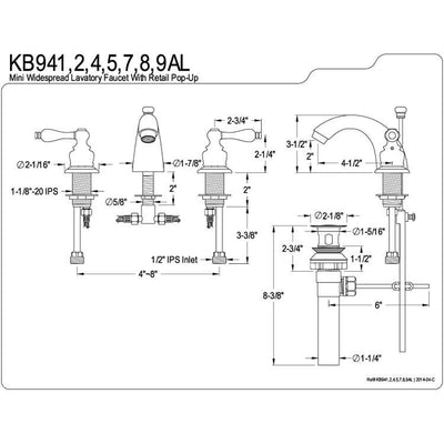 Kingston Polished Brass 4"-8" Mini Widespread Bathroom Faucet w Pop-up KB942AL