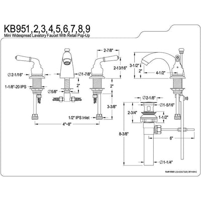Kingston Polished Brass 4"-8" Mini Widespread Bathroom Faucet w Pop-up KB952