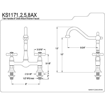 Kingston Polished Brass Two Handle 8" Centerset Bridge Kitchen Faucet KS1172AX