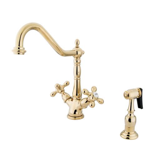 Kingston Polished Brass 2 Handle Single Hole Kitchen Faucet w Spray KS1232AXBS