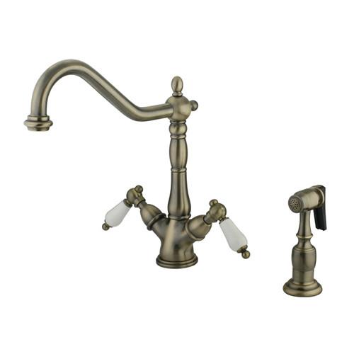 Kingston Vintage Brass 2 Handle Single Hole Kitchen Faucet w Spray KS1233PLBS