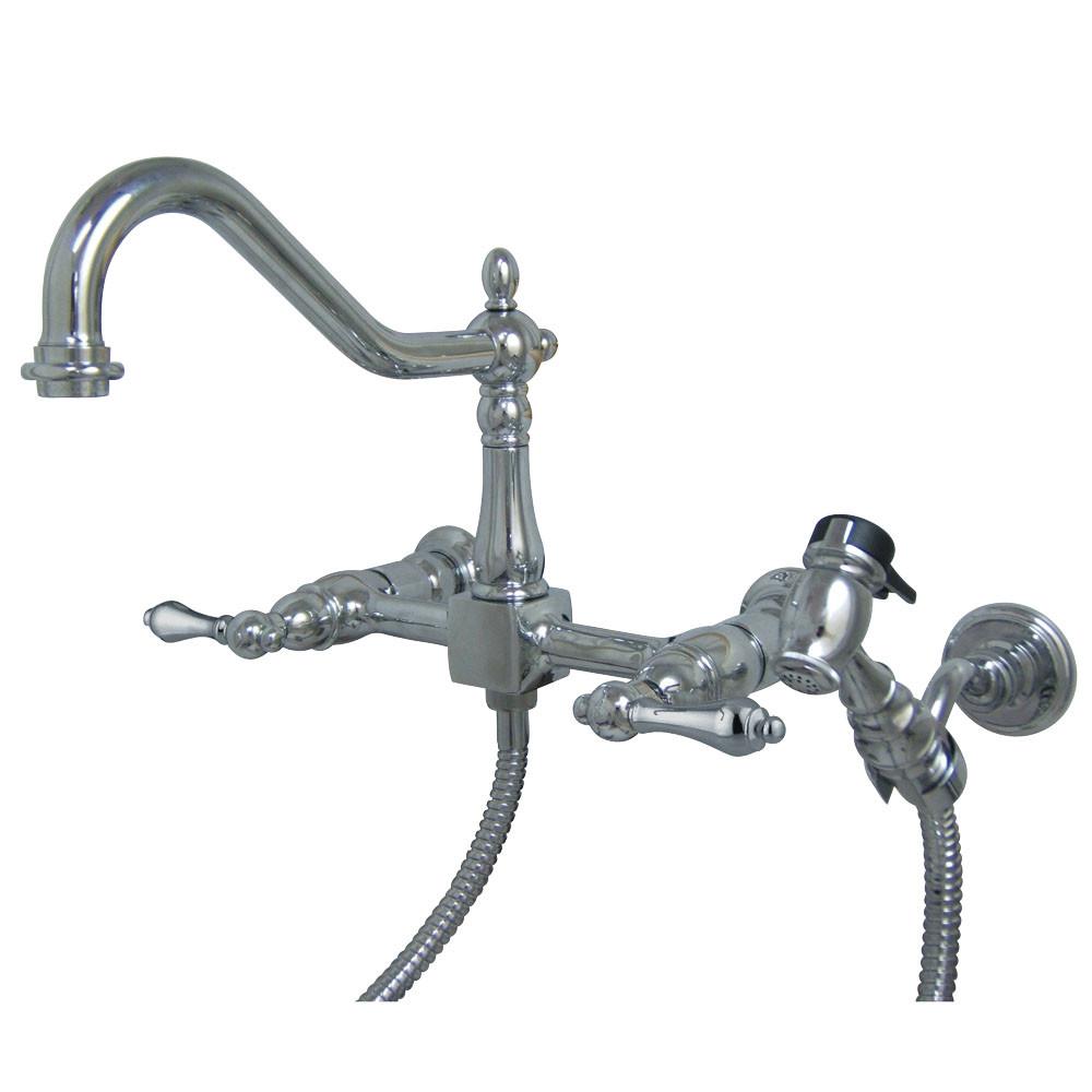 Metal Lever Handle Chrome Wall Mount Kitchen Faucet w Brass Spray KS1241ALBS