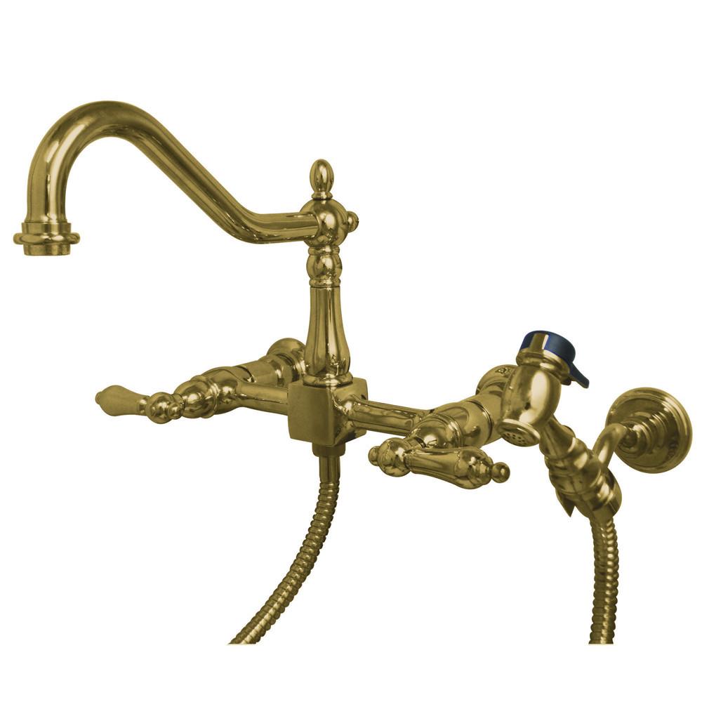 Lever Handle Polished Brass Wall Mount Kitchen Faucet w Sprayer KS1242ALBS