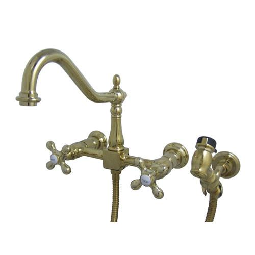 Cross Handle Polished Brass Wall Mount Kitchen Faucet w Sprayer KS1242AXBS