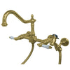Porcelain Handle Polished Brass Wall Mount Kitchen Faucet w Sprayer KS1242PLBS