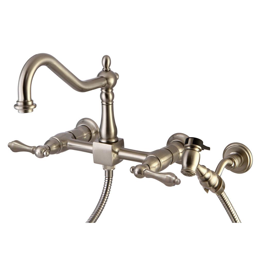 Lever Handle Satin Nickel Wall Mount Kitchen Faucet with Brass Spray KS1248ALBS