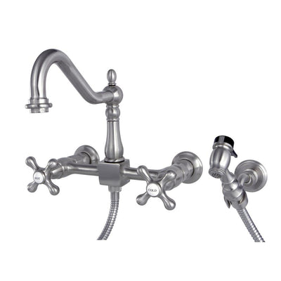 Cross Handle Satin Nickel Wall Mount Kitchen Faucet with Brass Spray KS1248AXBS