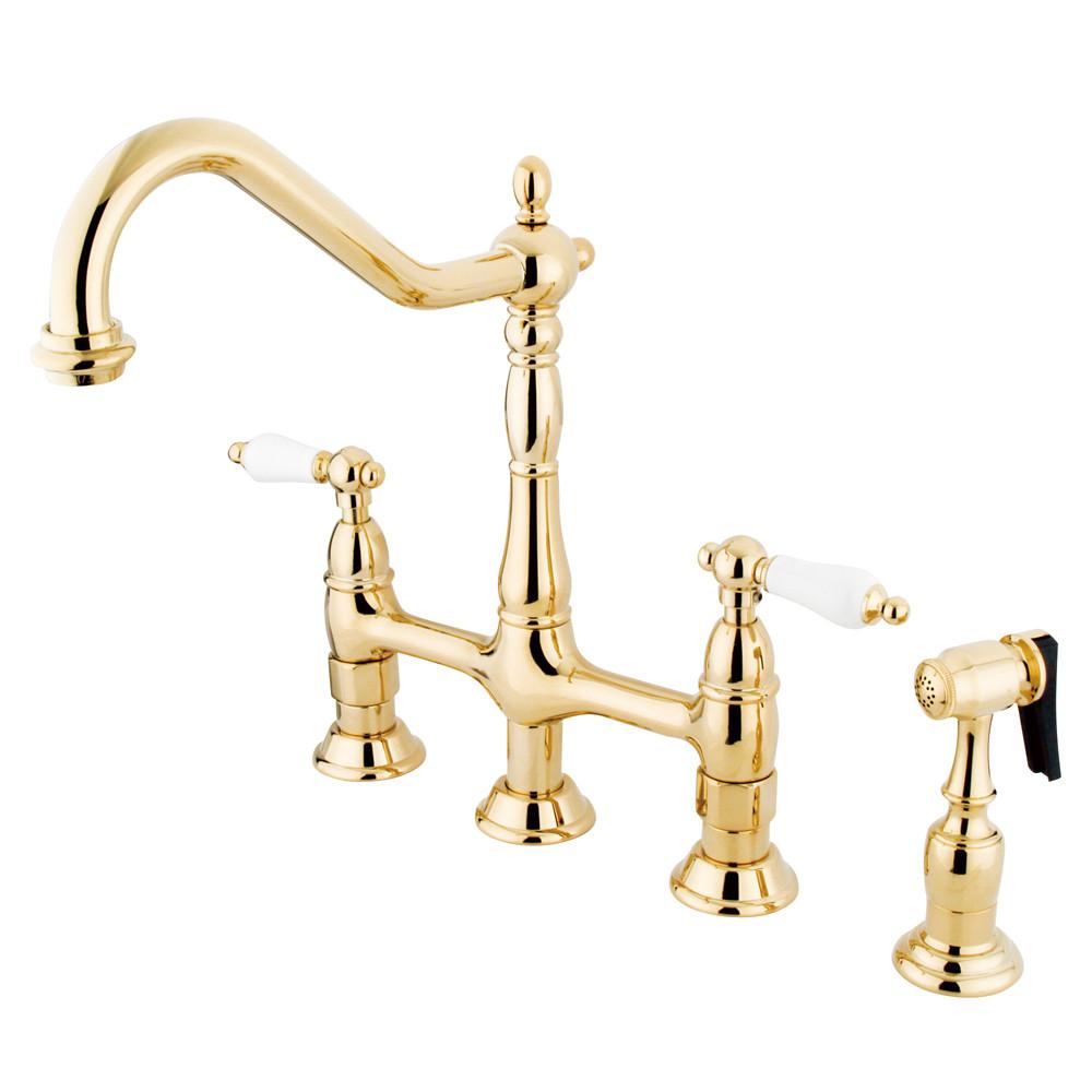 Kingston Polished Brass 8" Centerset Kitchen Faucet With Side Sprayer KS1272PLBS