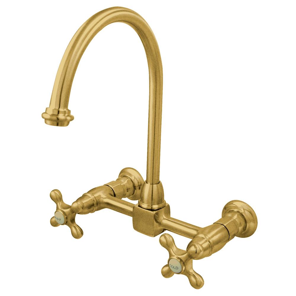 High Arch Metal Cross Handle Polished Brass Wall Mount Kitchen Faucet KS1292AX