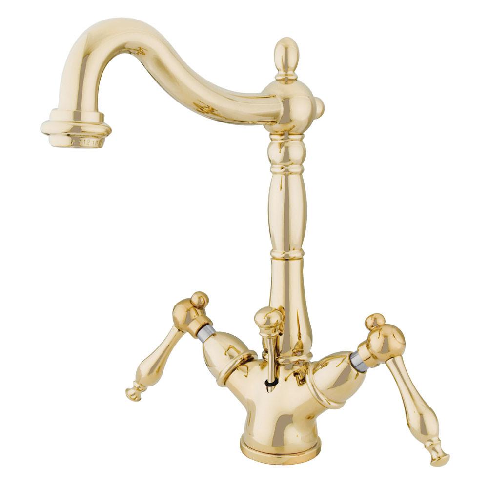 Kingston Polished Brass 2 Handle Single Hole Bathroom Faucet w Drain KS1432NL