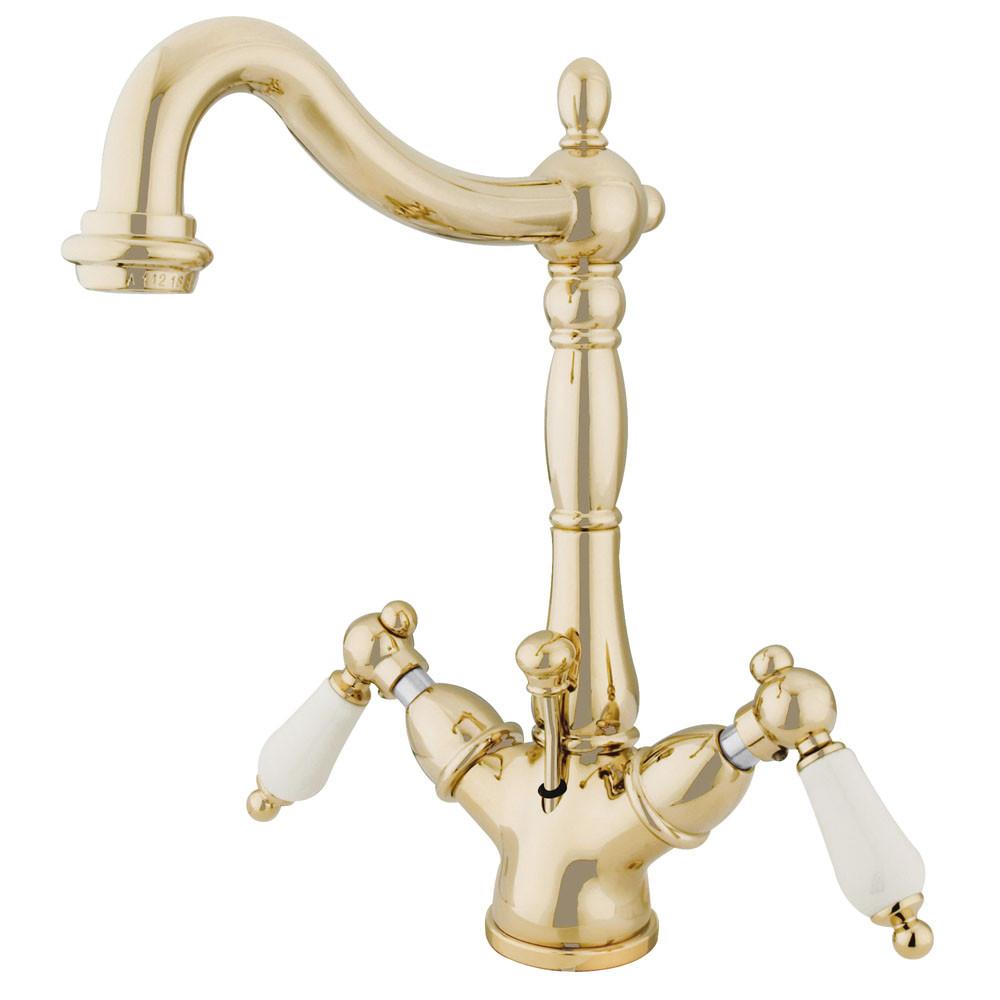 Kingston Polished Brass 2 Handle Single Hole Bathroom Faucet w Drain KS1432PL