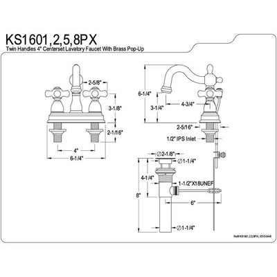 Kingston Polished Brass 2 Handle 4" Centerset Bathroom Faucet w Pop-up KS1602PX