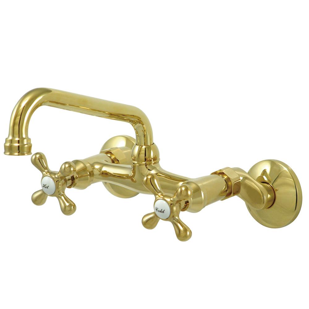 Kingston Brass Cross Handle Polished Brass Wall Mount Kitchen Faucet KS213PB