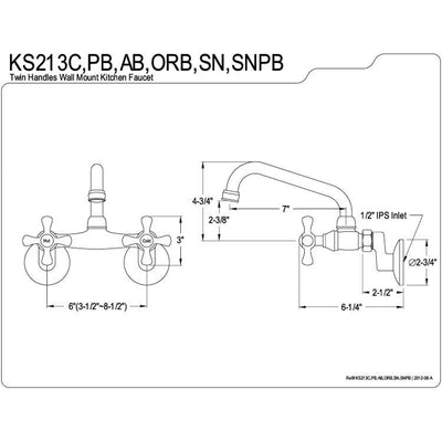 Kingston Brass Cross Handle Polished Brass Wall Mount Kitchen Faucet KS213PB
