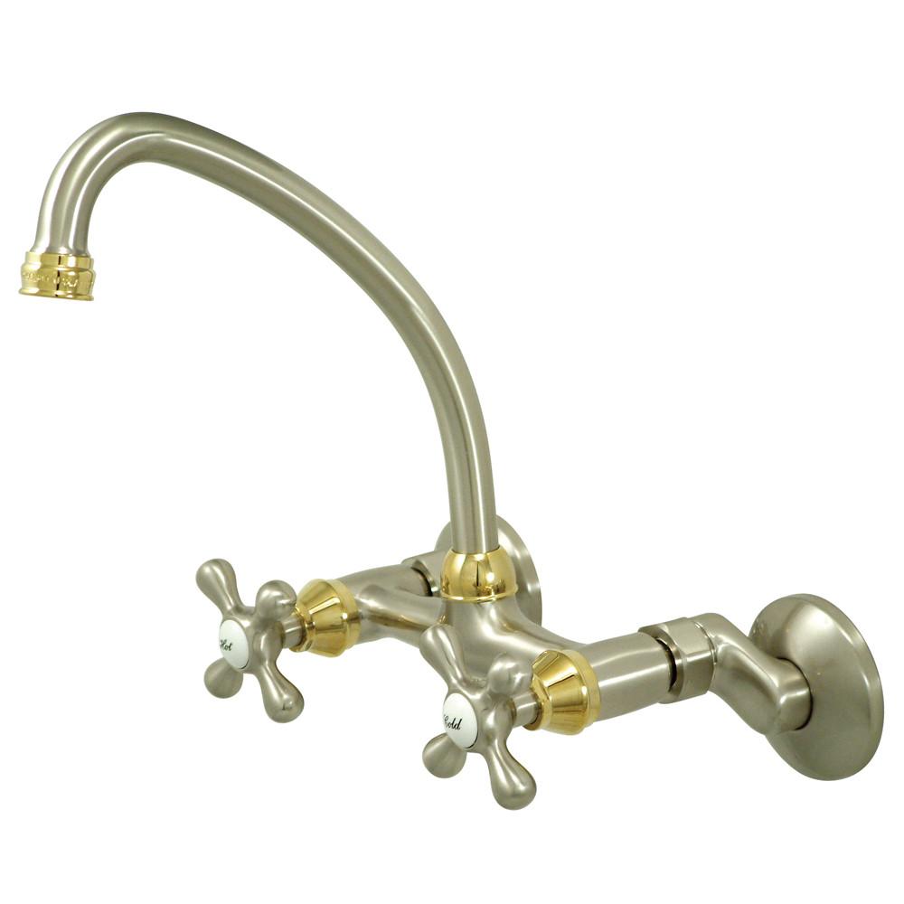 Cross Handle Satin Nickel / Polished Brass Wall Mount Kitchen Faucet KS214SNPB