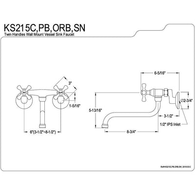 Kingston Brass Metal Cross Handle Satin Nickel Wall Mount Kitchen Faucet KS215SN