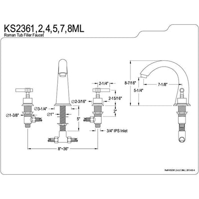 Kingston Brass Satin Nickel Milano Two Handle Roman Tub Filler Faucet KS2368ML