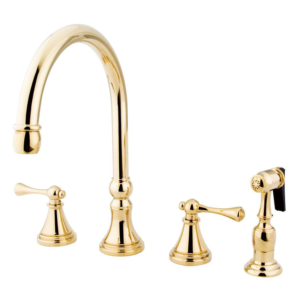 Kingston Polished Brass 8" Deck Mount Kitchen Faucet w Brass Sprayer KS2792BLBS