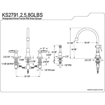 Kingston Polished Brass 8" Deck Mount Kitchen Faucet w Brass Sprayer KS2792GLBS