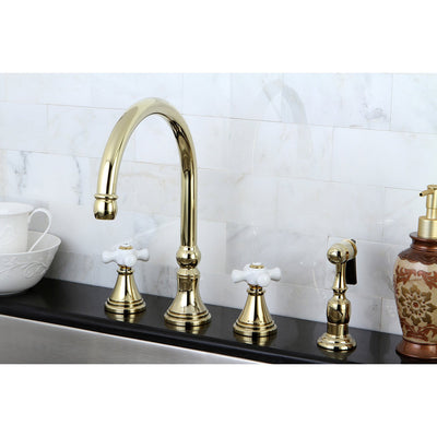Kingston Polished Brass 8" Deck Mount Kitchen Faucet w Brass Sprayer KS2792PXBS