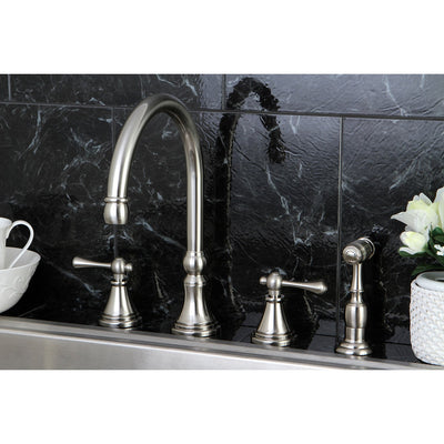 Kingston Satin Nickel 8" Deck Mount Kitchen Faucet with Brass Sprayer KS2798BLBS