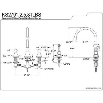 Kingston Satin Nickel 8" Deck Mount Kitchen Faucet with Brass Sprayer KS2798TLBS