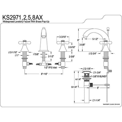 Kingston Satin Nickel 2 Handle Widespread Bathroom Faucet w Pop-up KS2978AX