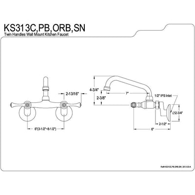 Kingston Polished Brass Magellan 2 handle wall mount kitchen faucet KS313PB