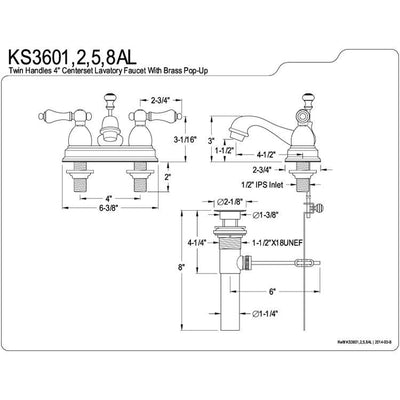 Kingston Brass Chrome 2 Handle 4" Centerset Bathroom Faucet w Pop-up KS3601AL