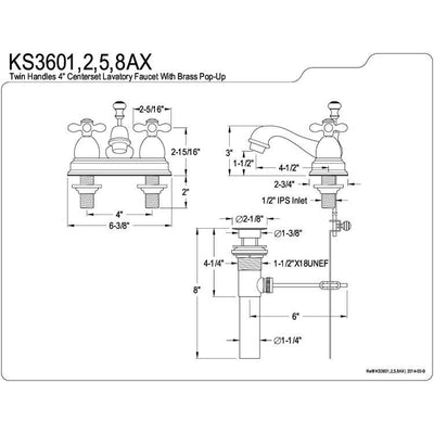 Kingston Polished Brass 2 Handle 4" Centerset Bathroom Faucet w Pop-up KS3602AX
