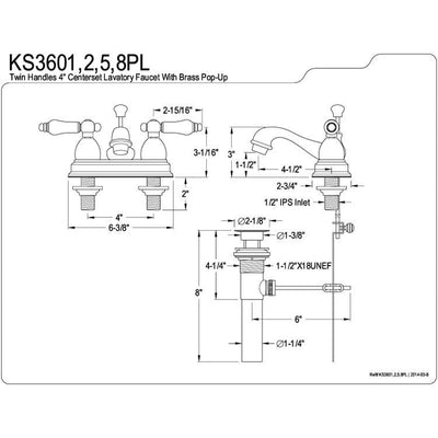 Kingston Satin Nickel 2 Handle 4" Centerset Bathroom Faucet w Pop-up KS3608PL