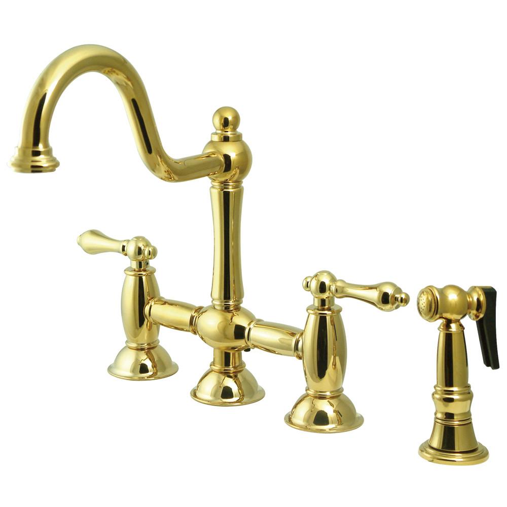 Polished Brass 8" center Bridge two handle Kitchen Faucet w spray KS3792ALBS