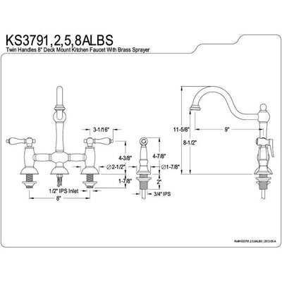 Polished Brass 8" center Bridge two handle Kitchen Faucet w spray KS3792ALBS