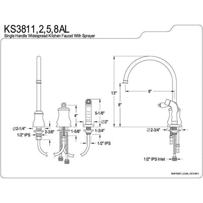 Kingston Polished Brass Single Handle Widespread Kitchen Faucet w spray KS3812AL