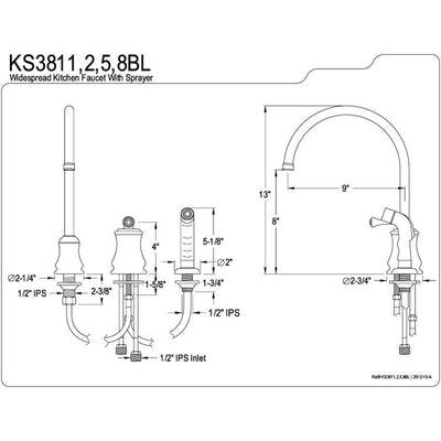 Satin Nickel Single Handle Widespread Kitchen Faucet with Sprayer KS3818BL