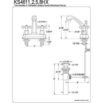 Kingston Satin Nickel 2 Handle 4" Centerset Bathroom Faucet w Pop-up KS4618HX