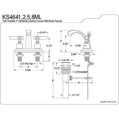 Kingston Satin Nickel 2 Handle 4" Centerset Bathroom Faucet w Pop-up KS4648ML