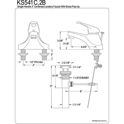 Kingston Brass Chrome Single Handle 4" Centerset Bathroom Faucet w Pop-up KS541C