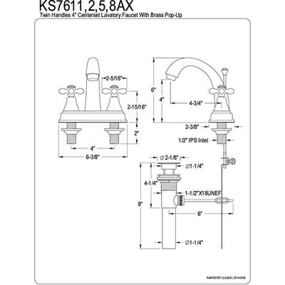 Kingston Brass Chrome 2 Handle 4" Centerset Bathroom Faucet w Pop-up KS7611AX