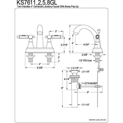 Kingston Brass Chrome 2 Handle 4" Centerset Bathroom Faucet w Pop-up KS7611GL