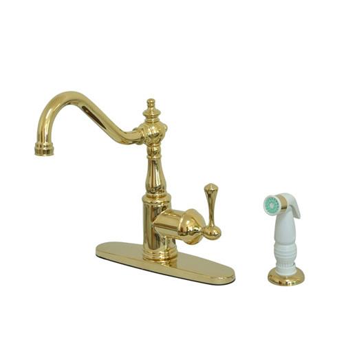 English Vintage Polished Brass 1 hdl Kitchen Faucet w\ White Sprayer KS7812BL