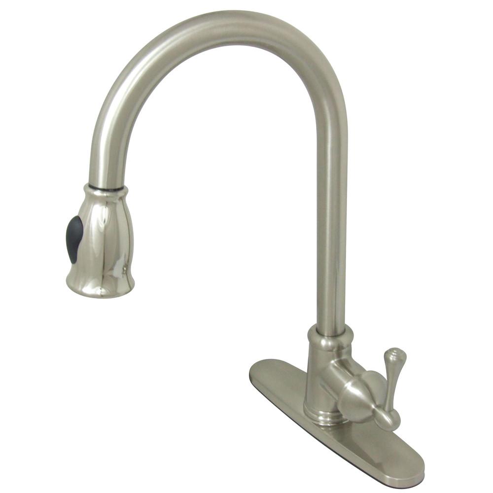 Kingston Satin Nickel Single Hole Pull Down Kitchen Faucet w Deck plate KS7888BL