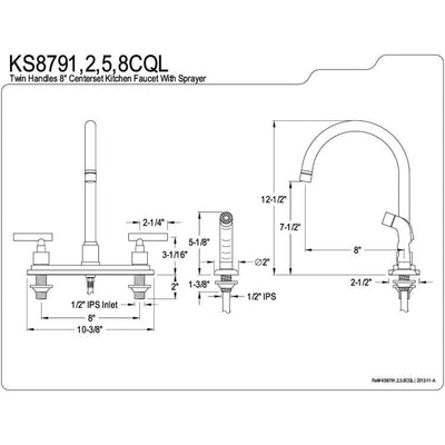 Claremont Satin Nickel Two handle 8" Kitchen Faucet Matching Sprayer KS8798CQL
