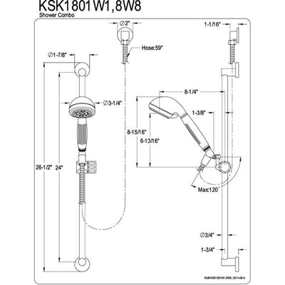 Kingston Satin Nickel 5 Piece Handheld shower head w Slidebar & hose KSK1808W8