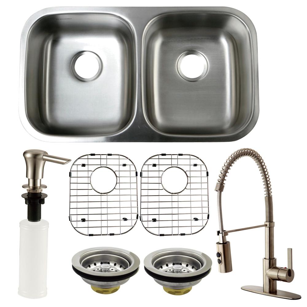 Modern 304 Stainless Steel Double Bowl Undermount Brushed Kitchen Sink Set  with Multifunctional Pull-Out Faucet Shot Gun Spayer