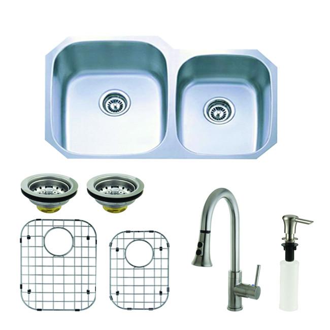 Stainless Steel Undermount Double Bowl Kitchen Sink, Faucet, Accessory Combo KZGKUD3221PF