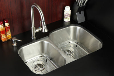 Stainless Steel Undermount Double Bowl Kitchen Sink, Faucet & Accessory Combo KZGKUD3221RHF